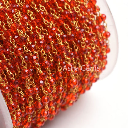 3,5,10,25 Feet Red Quartz Hydro Faceted Rondelle Beaded Rosary Chain gold Plated Wire Red Crystal Jewelry Making Finding 3 mm Crafts Chain