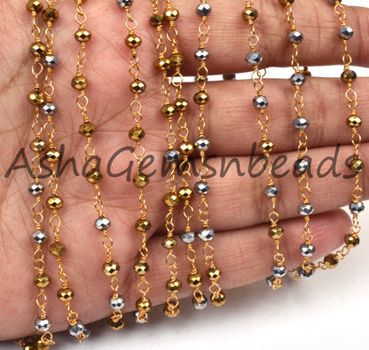 1,3,5,10 Ft, Silver Pyrite Hydro Faceted Rondelle Beaded Rosary Chain Gold Plated Wire Jewelry Making Finding,3-3.5mm Pyrite Hydro Chain