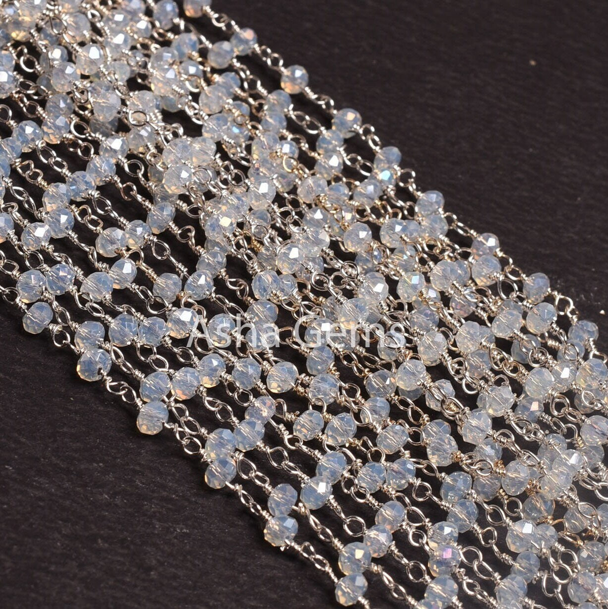 3,5,10,25 Feet Roll Bulk, Rainbow Moonstone Hydro Silver Coated  Rondelle Faceted Rosary Chain, Silver Plated Wire Bulk Chain Jewelry Making