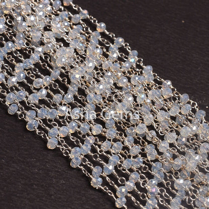 3,5,10,25 Feet Roll Bulk, Rainbow Moonstone Hydro Silver Coated  Rondelle Faceted Rosary Chain, Silver Plated Wire Bulk Chain Jewelry Making