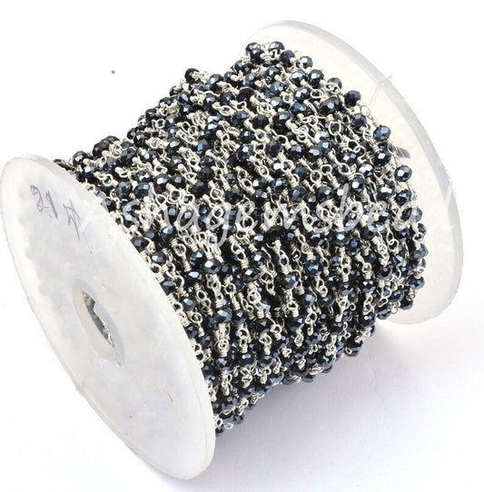 AAA Black Spinel Hydro Silver Coated Beads Rosary Chain By Feet,3mm Silver Plated Wire Wrap Bulk Roll Micro Cut Beads Chain Jewelry Necklace