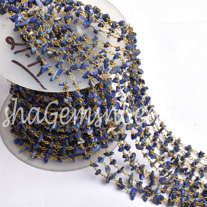 Natural Blue Lapis Uncut Chip Beads Rosary Chain Gold Plated Wire Wrap Lapis Rough Beaded Handmade Chains For Necklace Making Jewelry Crafts