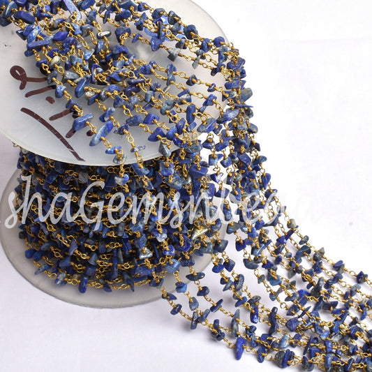 Natural Blue Lapis Uncut Chip Beads Rosary Chain Gold Plated Wire Wrap Lapis Rough Beaded Handmade Chains For Necklace Making Jewelry Crafts