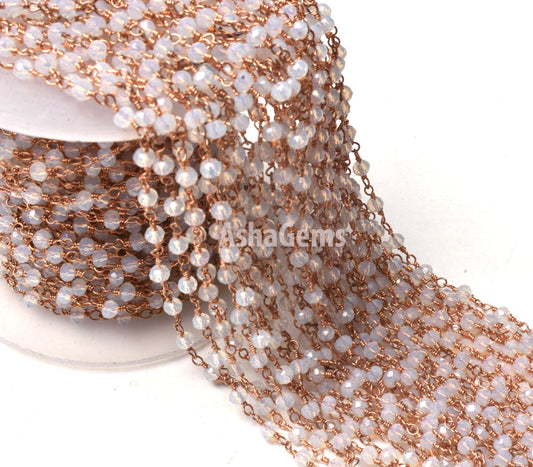 Beautiful Rainbow Moonstone Hydro Rondelle Beads Rosary Chain 3 mm, Rose gold Plated Copper Wire Wrap Micro Cut Beaded Chains Jewelry Making