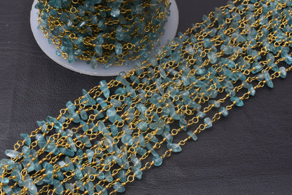 1,5,25,50 Feet Bulk Chain, Natural Apatite Uncut Beads Rosary Chain, Sky Blue Apatite Gemstone Beaded Chain, Gold Chain Wholesale Chip Chain