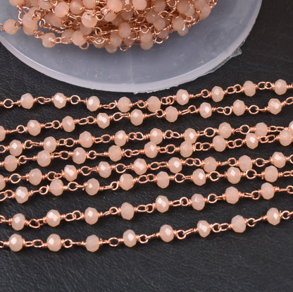 3,5,10,25 Ft,Peach Moonstone Hydro Faceted Rondelle Beaded Rosary Chain Rose Gold Plated,Jewelry Making,Finding,Wire Wrapped Chain,3-3.5 mm