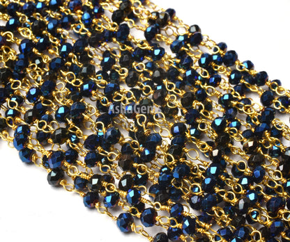 1,3,5,50 Feet,Blue Titanium Pyrite Hydro Faceted Rondelle Beaded Rosary Chain Gold Plated Wire,Jewelry Making Finding,Diy,Wire Chain 3-50mm