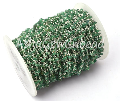 Natural Green Mica Uncut Beads Chain Rosary Silver Plated Wire Tiny Nugget Beaded Gemstone Chain For Jewelry Making Necklace handicraft SALE