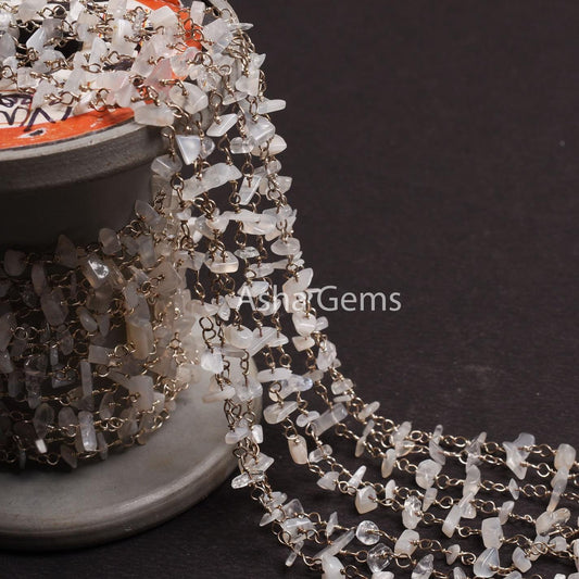 Natural White Moonstone Uncut Chip Beads Rosary Chain, Gemstone Beaded Chain Silver Plated Wire Roll handmade Chain Jewelry Necklace Crafts
