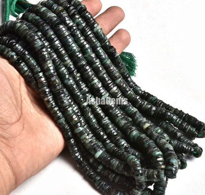 16" Strand Beautiful Emerald Smooth Heishi Tyre Beads/ Natural Shaded Green Emerald Plain Wheel Shape Beads, Emerald Beads For Jewelry craft