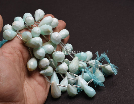 Beautiful Sky Blue Opal Hand Cut Faceted Drop Beads, Peru Opal Indian Cut Teardrop Side Drill Gemstone Beads, Blue Opal Jewelry Handicraft