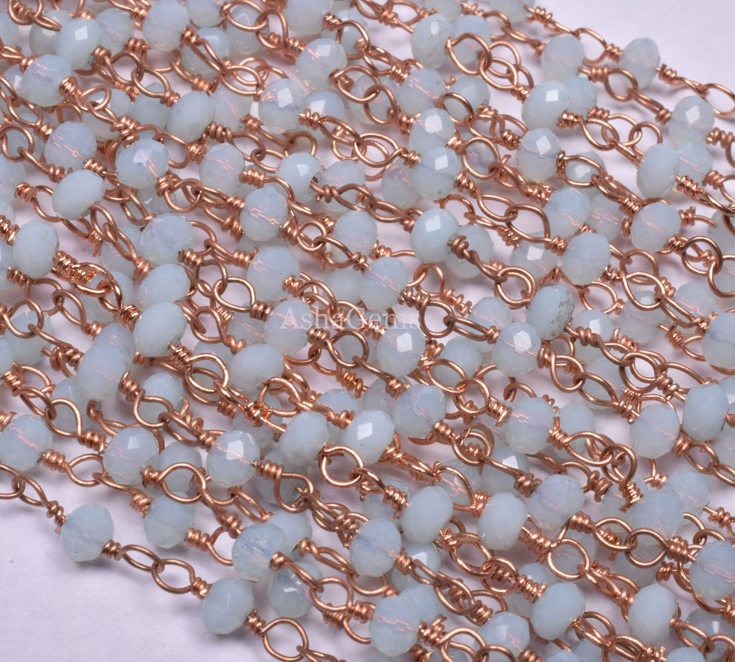Beautiful Aqua Blue Chalcedony Hydro Beads Rosary Chain,3 mm Rose Gold Plated Wire Wrap Beaded Rondelle handmade Chain Jewelry Making Crafts