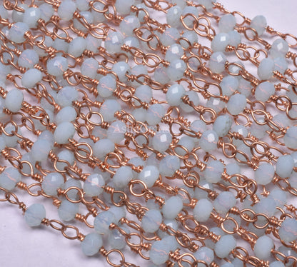 Beautiful Aqua Blue Chalcedony Hydro Beads Rosary Chain,3 mm Rose Gold Plated Wire Wrap Beaded Rondelle handmade Chain Jewelry Making Crafts