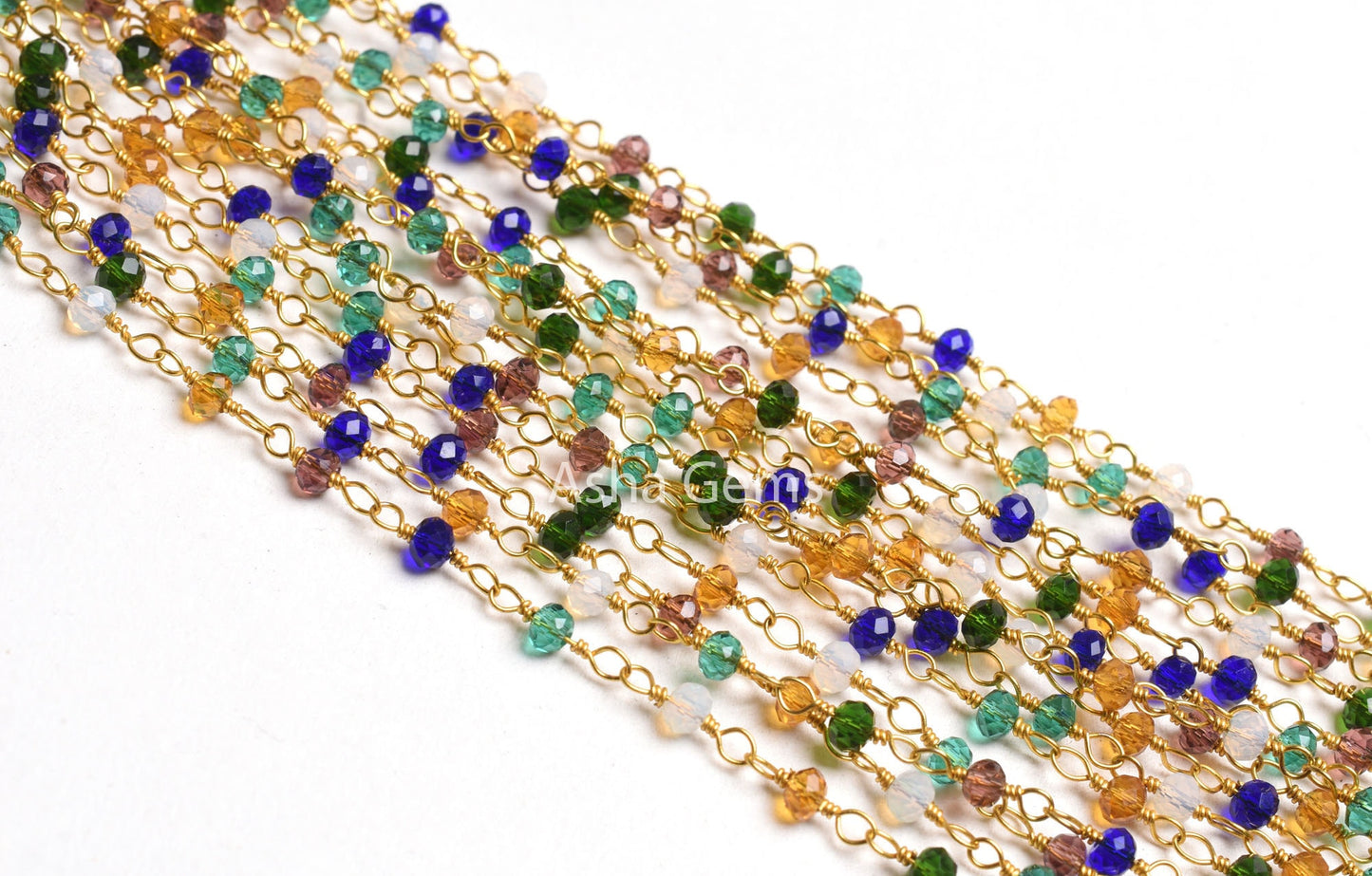 Beautiful Multi Color Hydro Faceted Rondelle Beads Rosary Chain,3mm Gold Plated Wire Wrap Beaded Handmade Chain Necklace Jewelry Making SALE