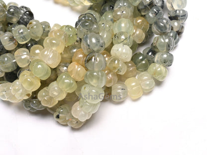 Shaded Moss Green Prehnite Carving Watermelon Beads, natural Moss Prehnite handmade Uneven Carve Pumpkin Gemstone Melon Beads Jewelry Crafts