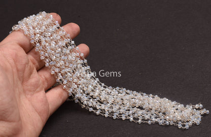3,5,10,25 Feet Roll Bulk, Rainbow Moonstone Hydro Silver Coated  Rondelle Faceted Rosary Chain, Silver Plated Wire Bulk Chain Jewelry Making