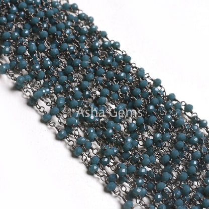 Black Metal Plated Light Neon Blue Apatite Hydro Beaded Rosary Chain 3,10,25,50 Feet Faceted Rondelle Chain 3-3.5 mm Finding Jewelry Chain