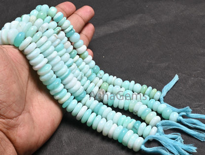 Beautiful Sky Peru Blue Opal Smooth Flat Rondelle Gemstone Loose Beads, Fine Shaded Blue Opal Plain Handmade Opal Beads Jewelry making Craft
