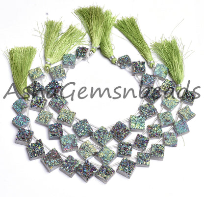 Beautiful Rare Green Mystic Druzy Square Shape Gemstone Beads,8" Drusy Beads, Coated Drusy Fancy shape Side Drill Beads Jewelry Making Craft