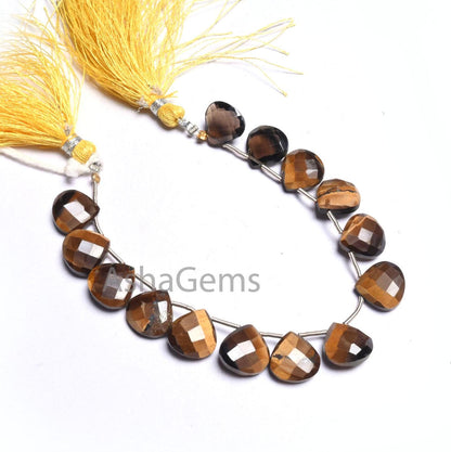 Beautiful Tiger Eye Faceted Heart Shape Beads,11 mm natural Tiger eye+ 2 Piece Smoky quartz Heart Briolette Gemstone Bead Jewelry Craft SALE (AG 18613)