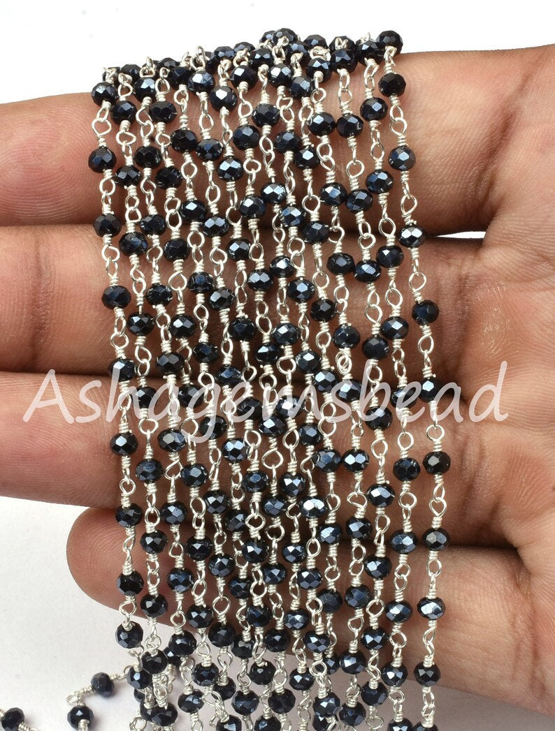 AAA Black Spinel Hydro Silver Coated Beads Rosary Chain By Feet,3mm Silver Plated Wire Wrap Bulk Roll Micro Cut Beads Chain Jewelry Necklace