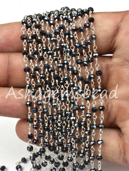 AAA Black Spinel Hydro Silver Coated Beads Rosary Chain By Feet,3mm Silver Plated Wire Wrap Bulk Roll Micro Cut Beads Chain Jewelry Necklace