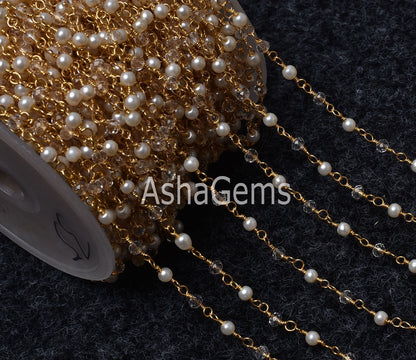 5,10,50 Foot Pearl Clear Crystal Quartz Hydro Faceted Rondelle Beads Rosary Chain Gold Plated Wire Beaded Chain,Finding Jewelry Making Craft