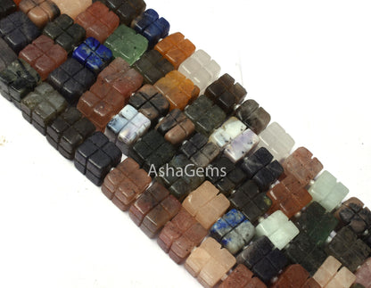 Multi Color Gemstone Carving box Shape beads,9" Strand Mix Color Stone carved 3D Cube beads Disco Beads, Multi Disco carve Bead Jewelry SALE