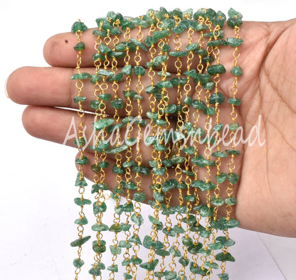 Natural Green Mica Uncut Beads Rosary Chain, Mica Smooth Nugget Beaded Rosary Chain Gold Plated Wire Wrap handmade Gemstone Chain Craft SALE