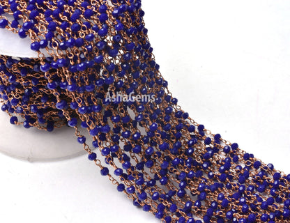 Beautiful Blue Lapis Hydro Rondelle Faceted Beads Rosary Chain,3 mm Rose Gold Plated Copper Wire Wrap Beaded Handmade Chain Jewelry makings