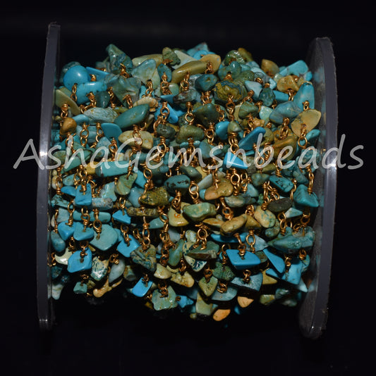 Natural Turquoise Uncut Chips Rosary Beaded Chain,Blue Turquoise Nugget Beads Rosary Chain,3,5,10 By Ft,Gold Plated Wire,Bulk Roll,Jewelry