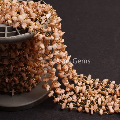 Natural Peach Moonstone Uncut Chip Beads Rosary Chain By Foot, Gold Plated Wire Wrap Moonstone Raw Rough Gemstone Beads Chain Jewelry making