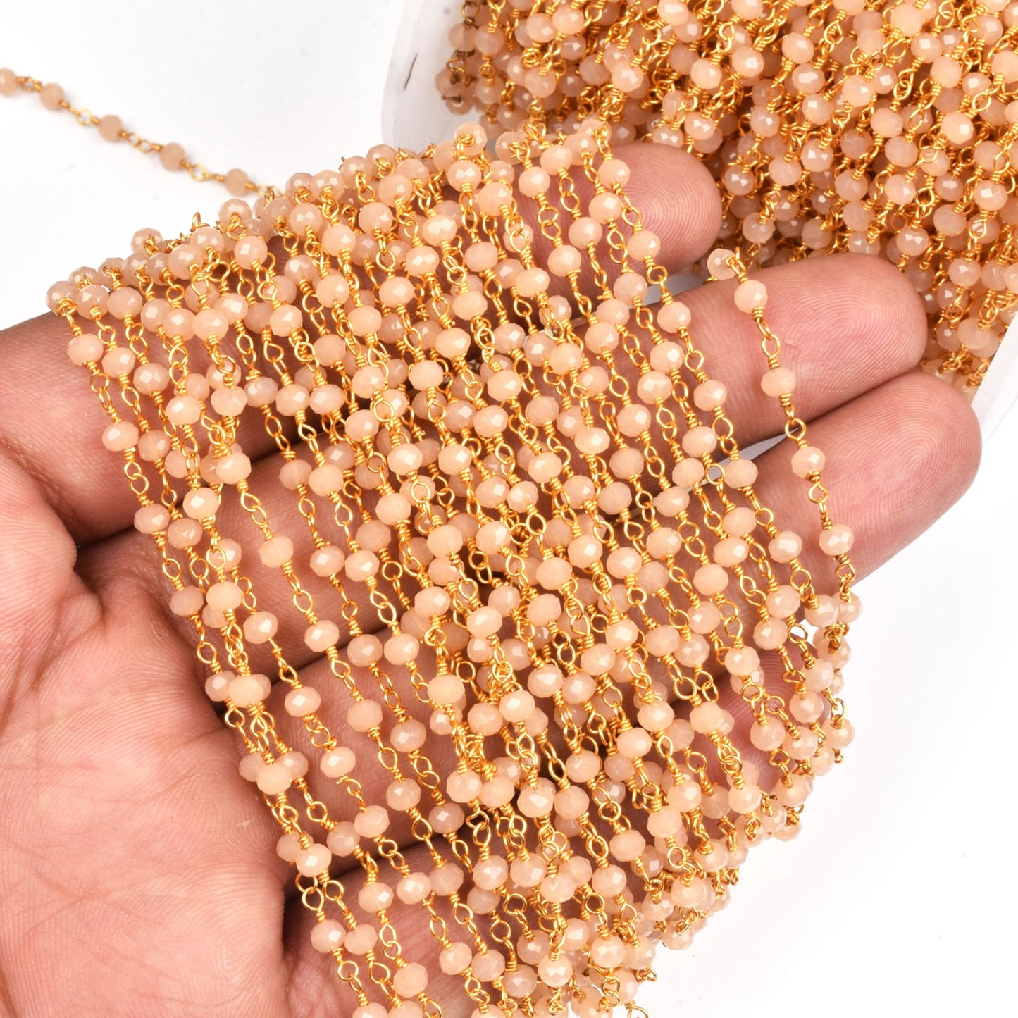 AAA Peach Moonstone Hydro Faceted Rondelle Beads Rosary Chain Gold Plated Wire Wrap Beaded handmade Chain Rosary Jewelry making Necklace 3mm