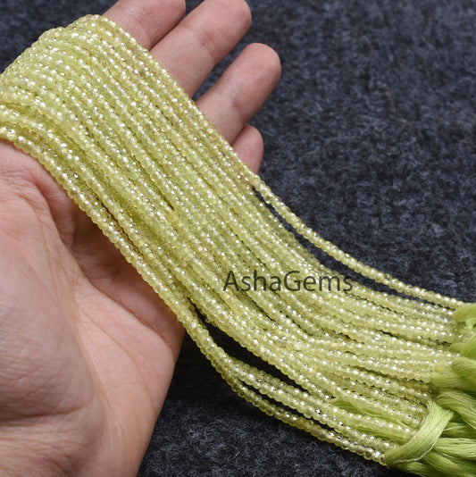 Beautiful Light Green Zircon Micro Faceted Gemstone Beads 3 mm, AAA Cubic Zircon Bead, Pistachios green Machine Cut Beads,13" Strand Jewelry