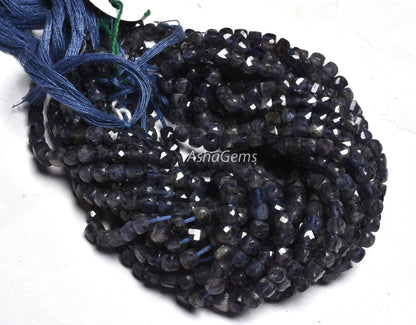 Beautiful Blue Iolite Faceted 3D Cube Box Faceted Gemstone Beads,13 Inch Strand,4mm, Natural Machine Cut Box Shape Bead Jewelry Making Craft