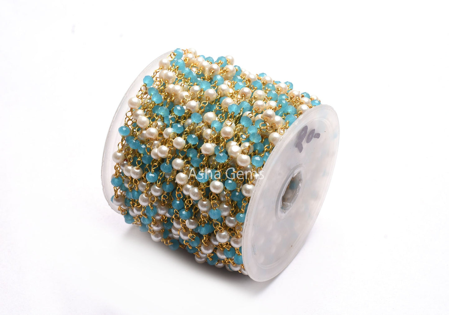 Beautiful Pearl, Blue Chalcedony Hydro Beads Rosary Chain,4 mm Multi Color Rondelle Gold Plated Wire Wrap Bulk Handmade Chain Jewelry Making