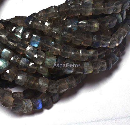 Natural Flash Labradorite Faceted 3D Cube Box Beads,7" Strand Blue Fire Labradorite Cube Beads 4.5-5 mm Black rainbow Box Beads Jewelry SALE