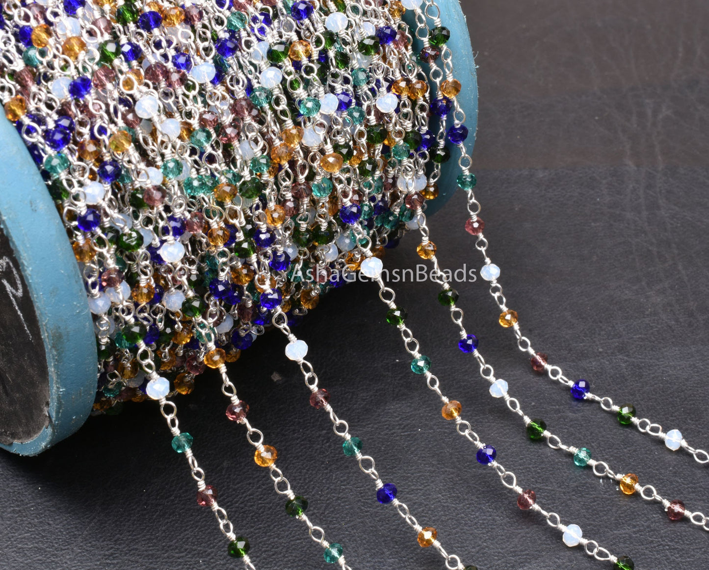 Beautiful Multi Color Disco Hydro Beads Rosary Chain By Feet, Mix Color Micro Cut Rondelle Chain Silver Plated Wire Wrap Chain Jewelry Craft