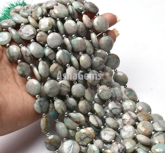 Beautiful Green Chrysocolla Faceted Coin Shape Beads,8" Strand Chrysocolla Briolette Gemstone Bead, Green Chrysocolla Coin Beads For Jewelry