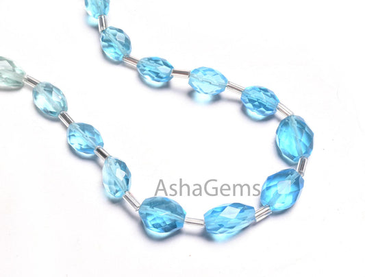 Beautiful Shaded Blue Topaz Color Hydro Oval Shape Checker Cut Beads,10" Blue Hydro faceted Oval Briolette handmade Beads Jewelry Craft SALE