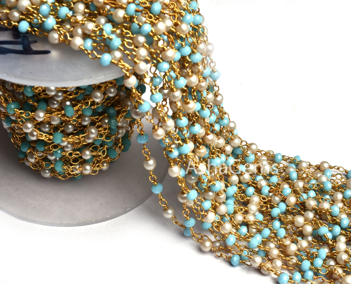 1,10,50 Foot Bulk Roll Rosary Chain Pearl Blue Turquoise Hydro Faceted Rondelle Beads Chain Gold Plated wire Multi Color Beaded Chain Rosary