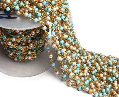 1,10,50 Foot Bulk Roll Rosary Chain Pearl Blue Turquoise Hydro Faceted Rondelle Beads Chain Gold Plated wire Multi Color Beaded Chain Rosary