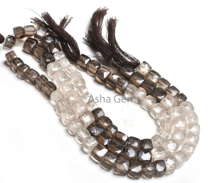 Shaded Smoky Quartz Faceted 3D Cube Box Gemstone Beads,8" Strand Natural Smoky Box Cube Beads, Fine Smoky Bead Jewelry Making Craft SALE