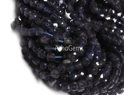 Beautiful Blue Iolite Faceted 3D Cube Box Faceted Gemstone Beads,13 Inch Strand,4mm, Natural Machine Cut Box Shape Bead Jewelry Making Craft