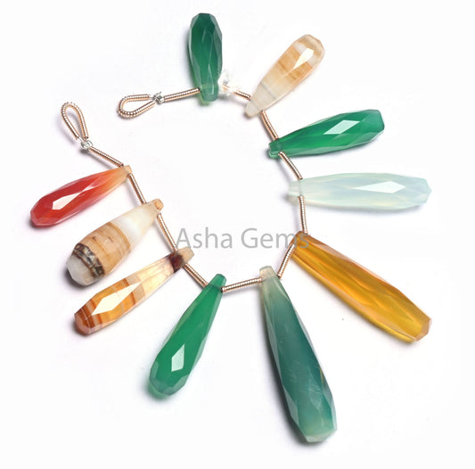 Beautiful Disco Chalcedony Fancy Long Drop Shape Faceted Beads,6x21-8x34 mm AAA Quality Multi Color Chalcedony Pencil Teardrop Gemstone Bead
