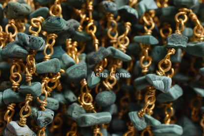 Natural Green Malachite Uncut Chip Beads Rosary Chain Silver, Gold Plated Wire Wrap Beaded Gemstone handmade chain Rosary Jewelry Craft SALE