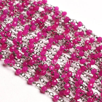 Pink Chalcedony Hydro Faceted Rondelle Rosary Chain Black Plated Wire 3,5,10 Feet Jewelry Making Finding Wire Wrapped Chain For Craft Making