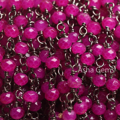 Pink Chalcedony Hydro Faceted Rondelle Rosary Chain Black Plated Wire 3,5,10 Feet Jewelry Making Finding Wire Wrapped Chain For Craft Making