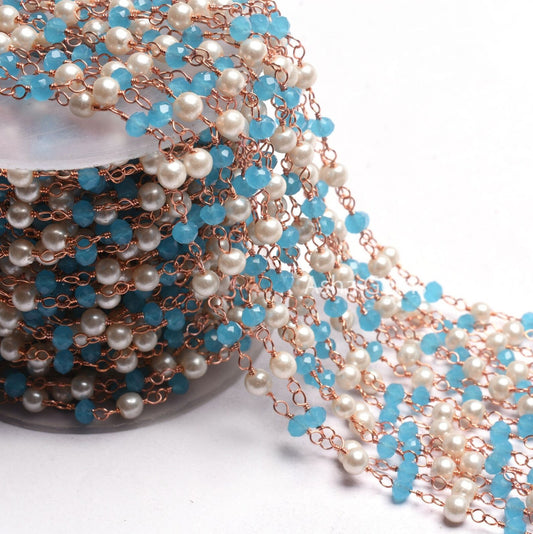 Beautiful Pearl Blue Chalcedony Hydro Faceted Rondelle Beads Rosary Chain Rose Gold Plated Copper Wire Wrap handmade Chain Jewelry Necklace