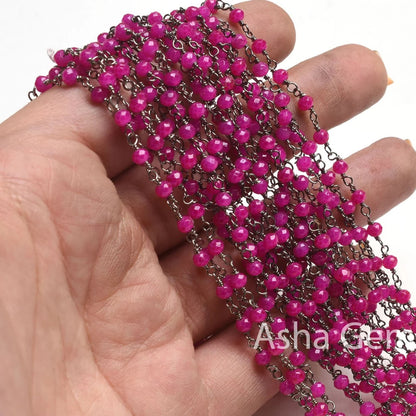 Pink Chalcedony Hydro Faceted Rondelle Rosary Chain Black Plated Wire 3,5,10 Feet Jewelry Making Finding Wire Wrapped Chain For Craft Making